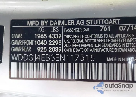 2014 Mercedes-Benz Cla 250 z USA, uszkodzony, nr VIN WDDSJ4EB3EN117515